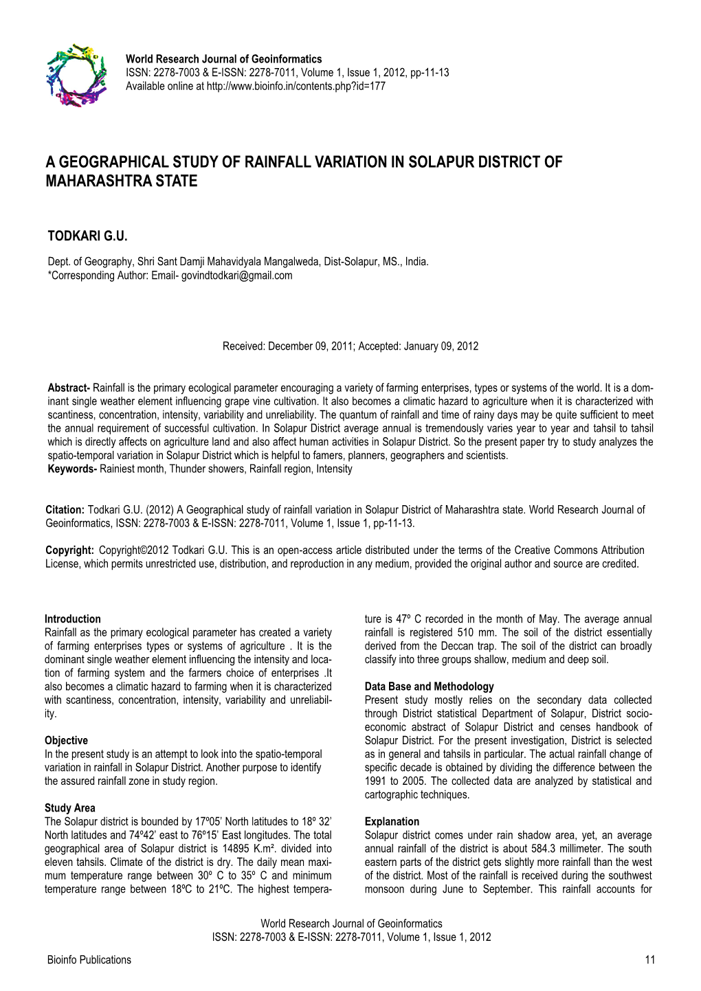 A Geographical Study of Rainfall Variation in Solapur District of Maharashtra State