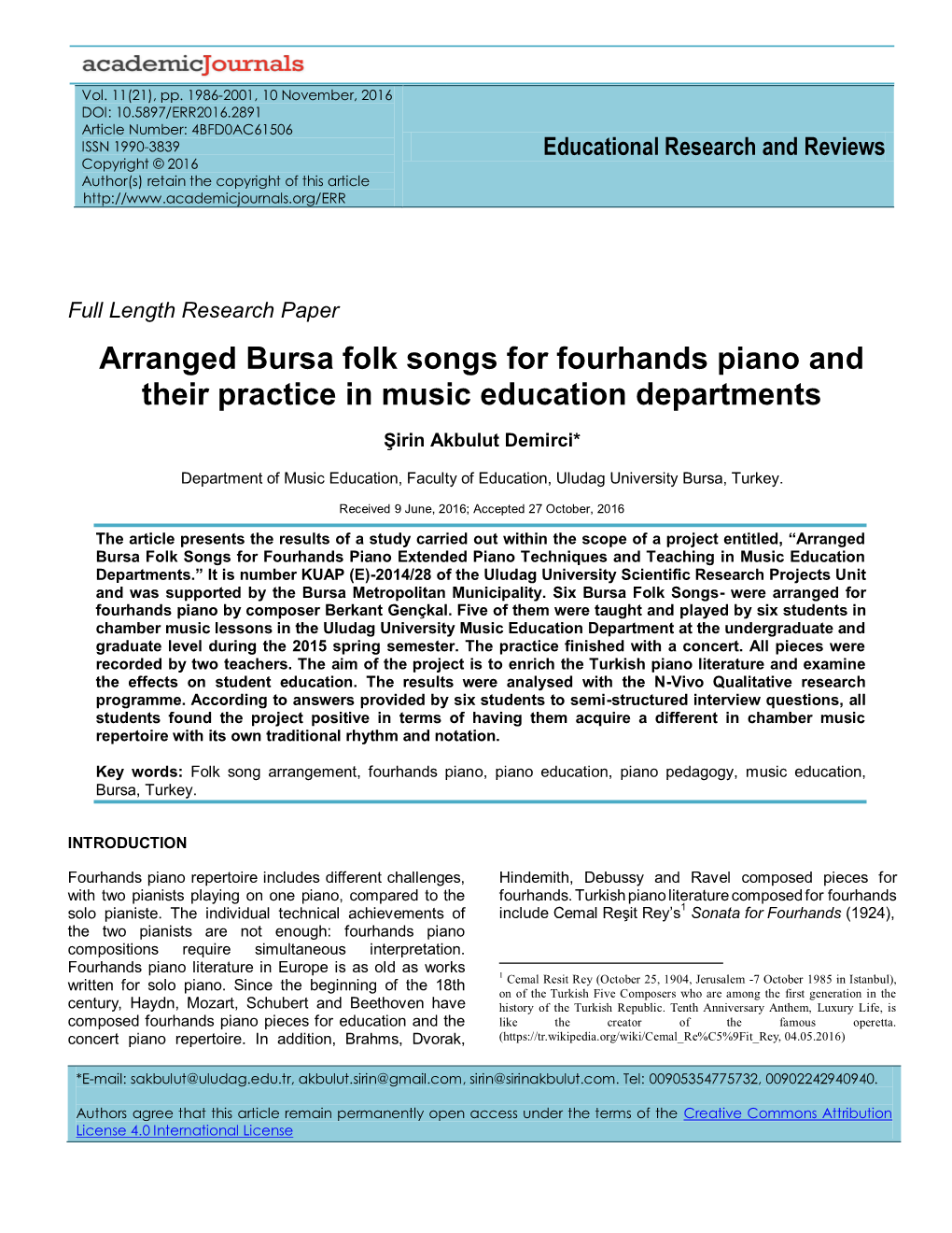 Arranged Bursa Folk Songs for Fourhands Piano and Their Practice in Music Education Departments