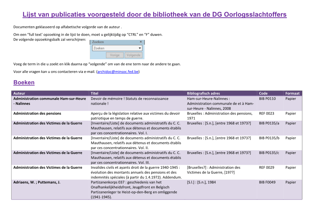 Lijst Van Publicaties Voorgesteld Door De Bibliotheek Van De DG Oorlogsslachtoffers