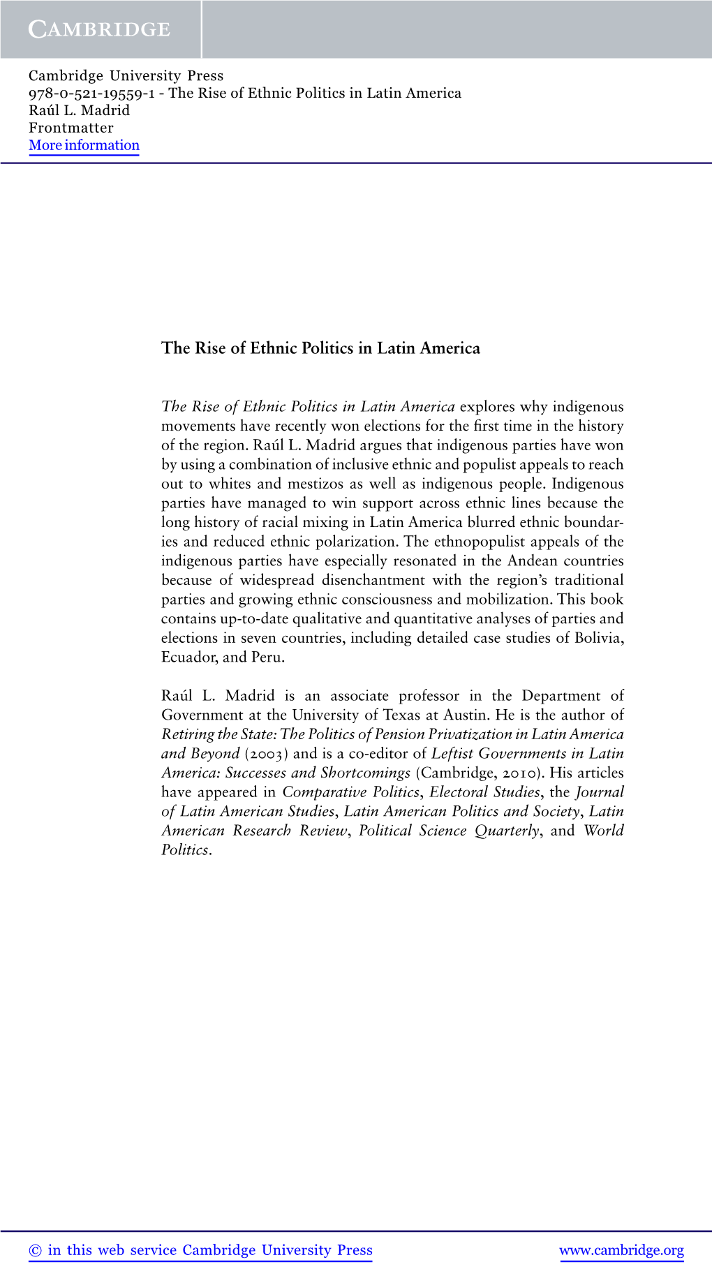 The Rise of Ethnic Politics in Latin America Raúl L