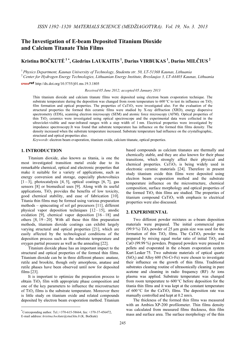 The Investigation of E-Beam Deposited Titanium Dioxide and Calcium Titanate Thin Films