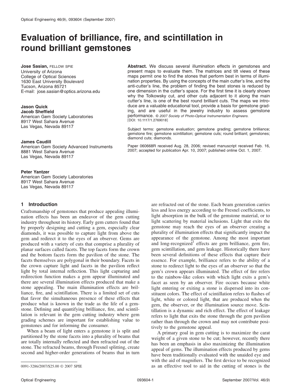 Evaluation of Brilliance, Fire, and Scintillation in Round Brilliant