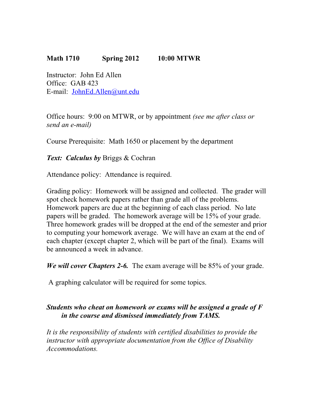 Math 1710 Spring 2012 10:00 MTWR