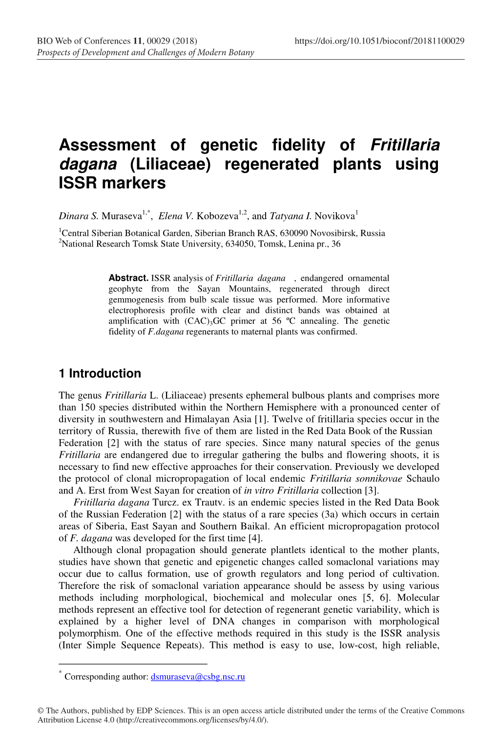 Assessment of Genetic Fidelity of Fritillaria Dagana (Liliaceae) Regenerated Plants Using ISSR Markers