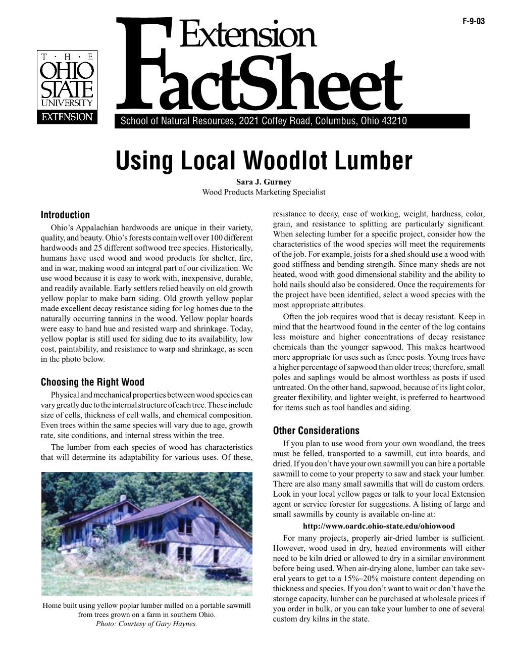 Using Local Woodlot Lumber Sara J