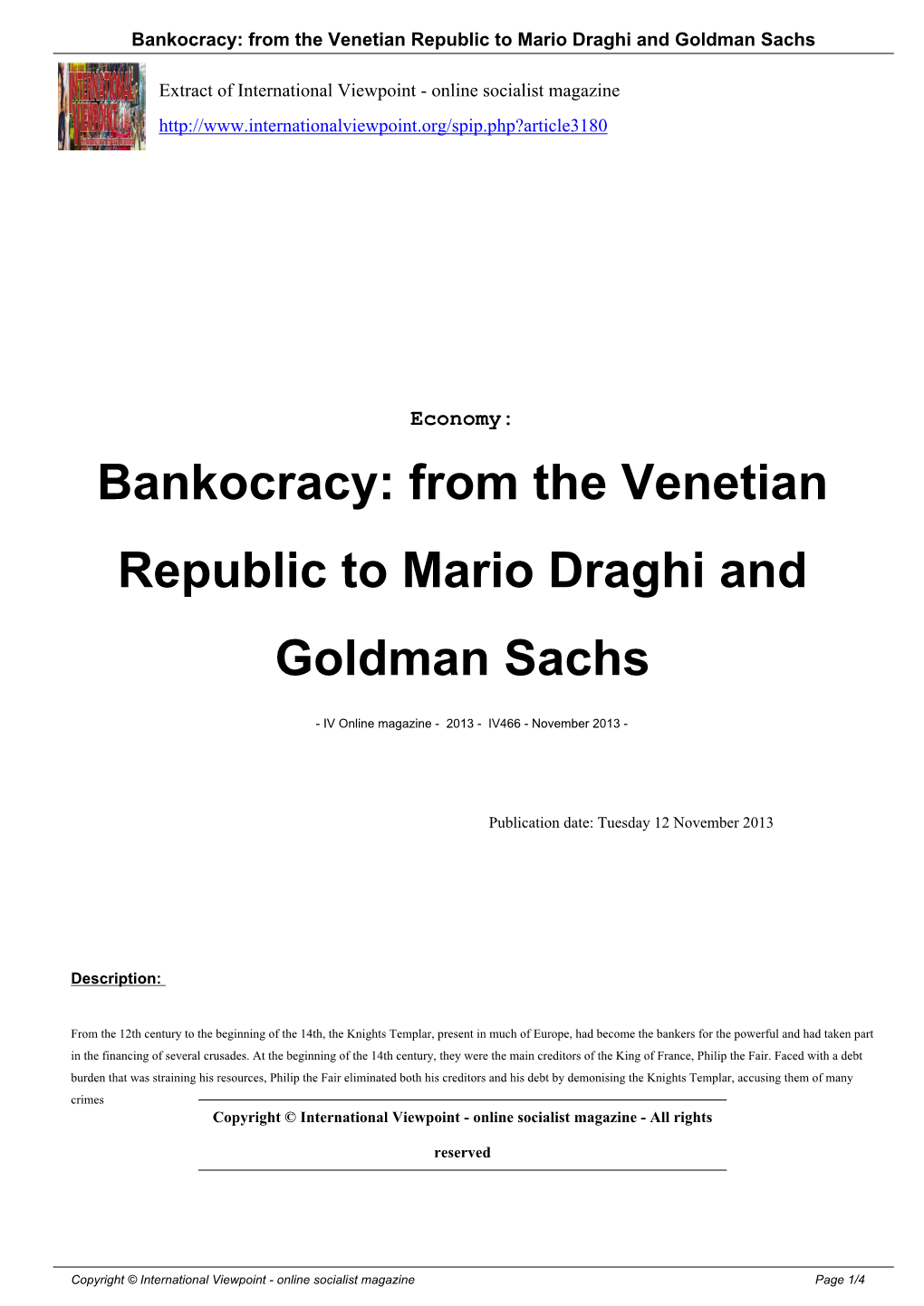 Bankocracy: from the Venetian Republic to Mario Draghi and Goldman Sachs