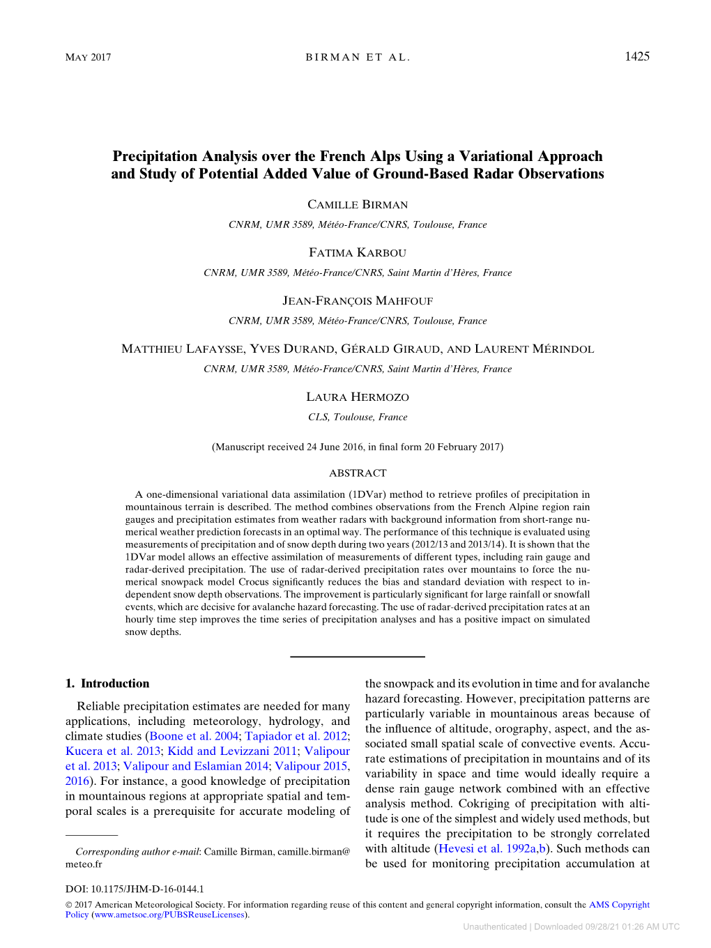 Downloaded 09/28/21 01:26 AM UTC 1426 JOURNAL of HYDROMETEOROLOGY VOLUME 18 Seasonal Or Annual Time Scales