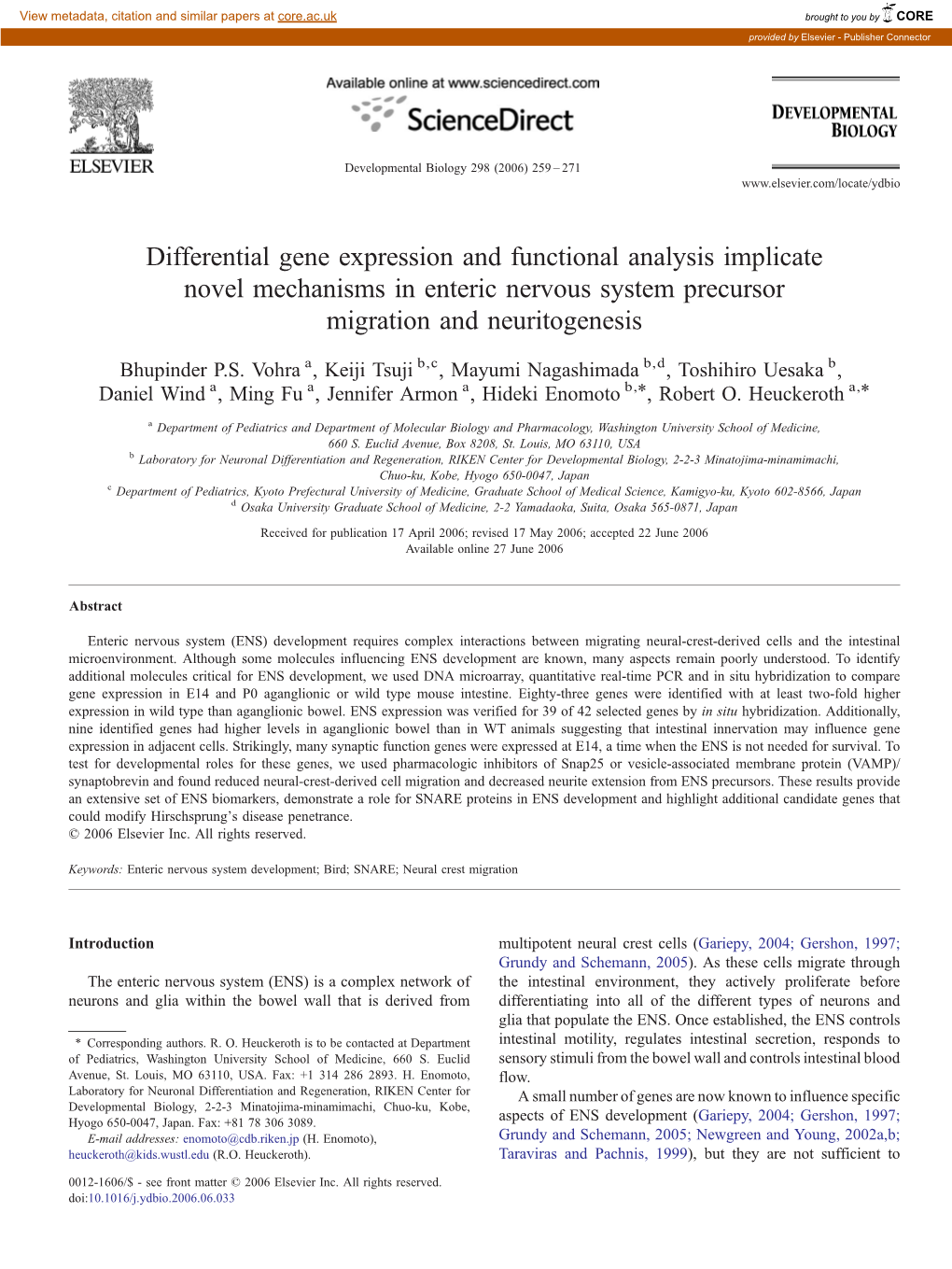 Differential Gene Expression and Functional Analysis Implicate Novel Mechanisms in Enteric Nervous System Precursor Migration and Neuritogenesis