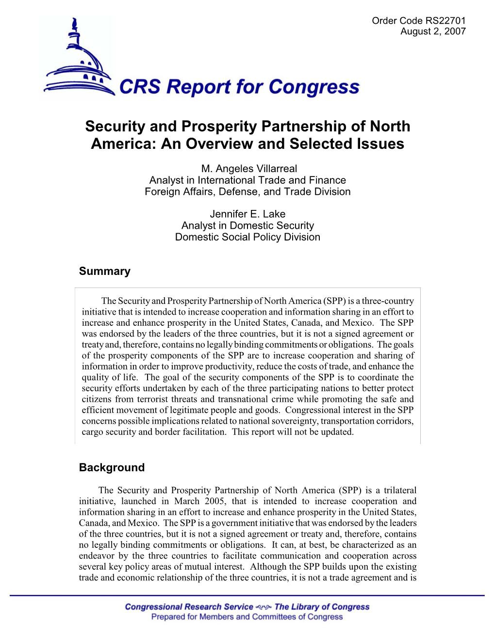 Security and Prosperity Partnership of North America: an Overview and Selected Issues