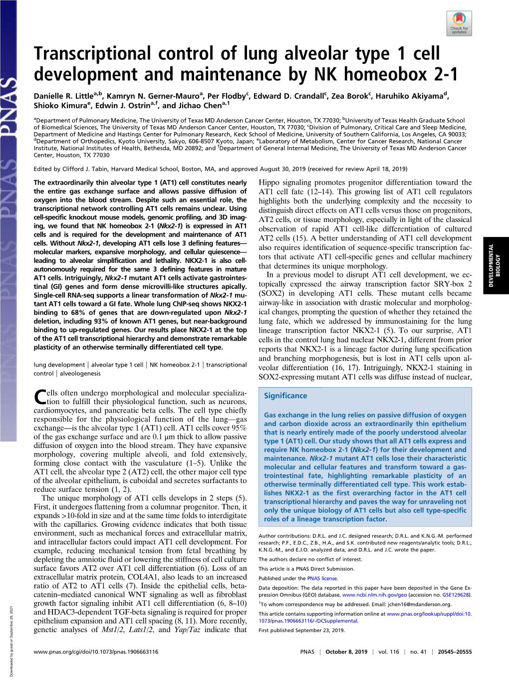 Transcriptional Control of Lung Alveolar Type 1 Cell Development and Maintenance by NK Homeobox 2-1