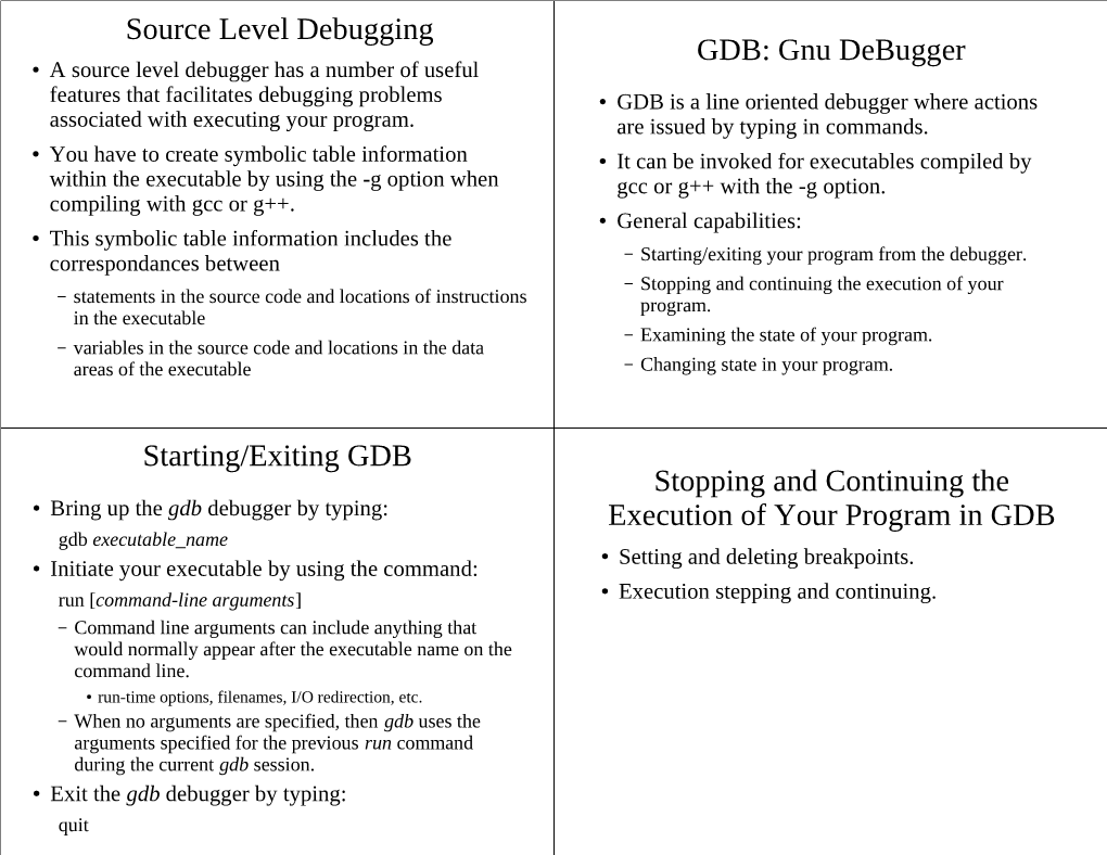 Source Level Debugging GDB: Gnu Debugger Starting/Exiting GDB Stopping and Continuing the Execution of Your Program In