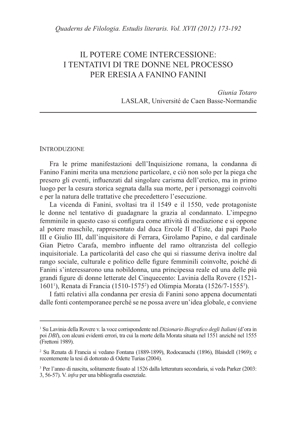 Il Potere Come Intercessione: I Tentativi Di Tre Donne Nel Processo Per Eresia a Fanino Fanini