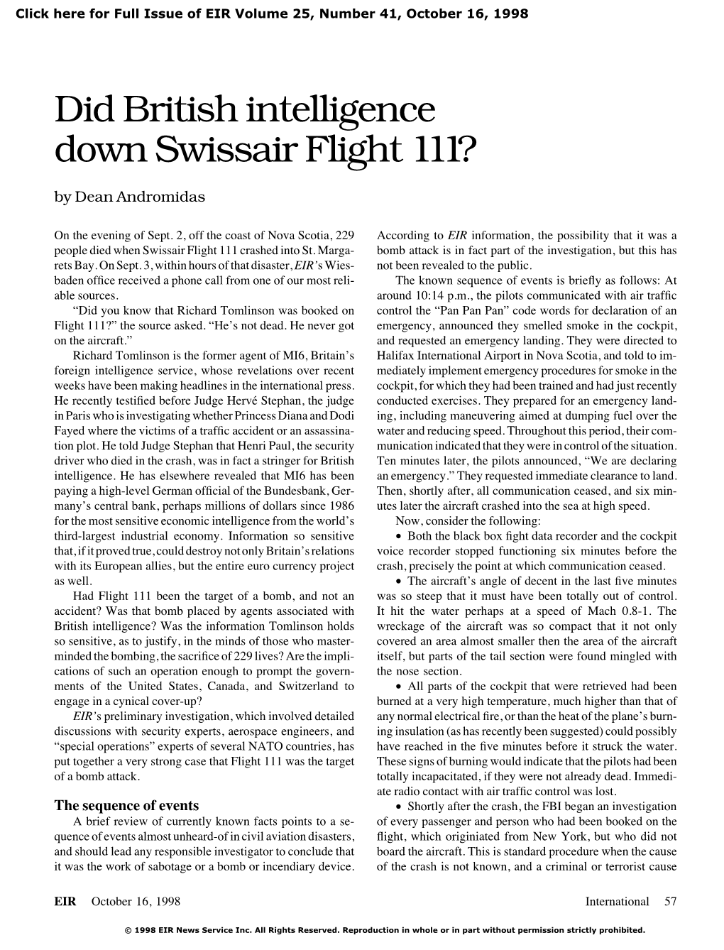 Did British Intelligence Down Swissair Flight 111?