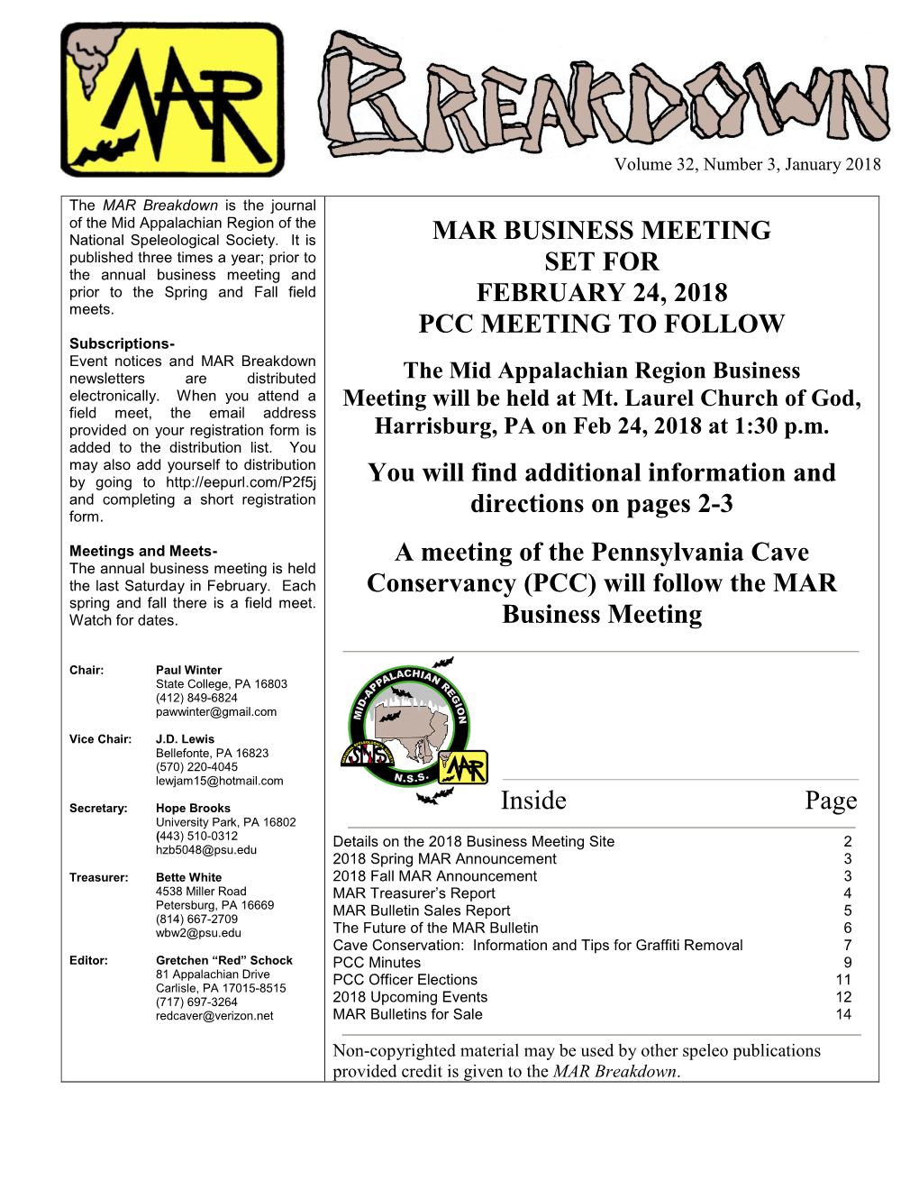 Mar Business Meeting Set for February 24, 2018 Pcc