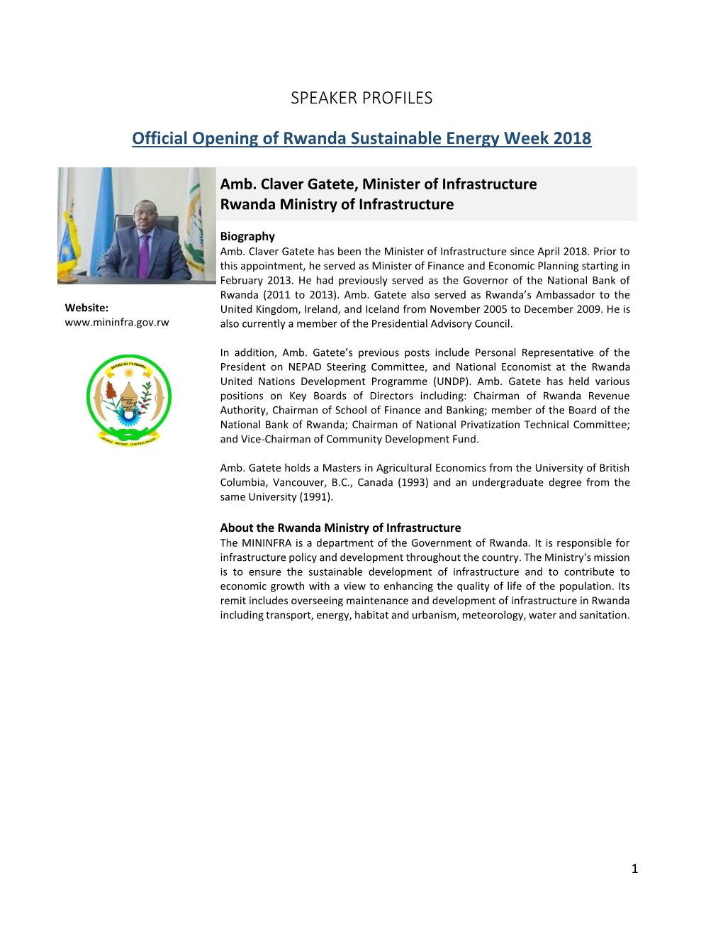 SPEAKER PROFILES Official Opening of Rwanda Sustainable Energy