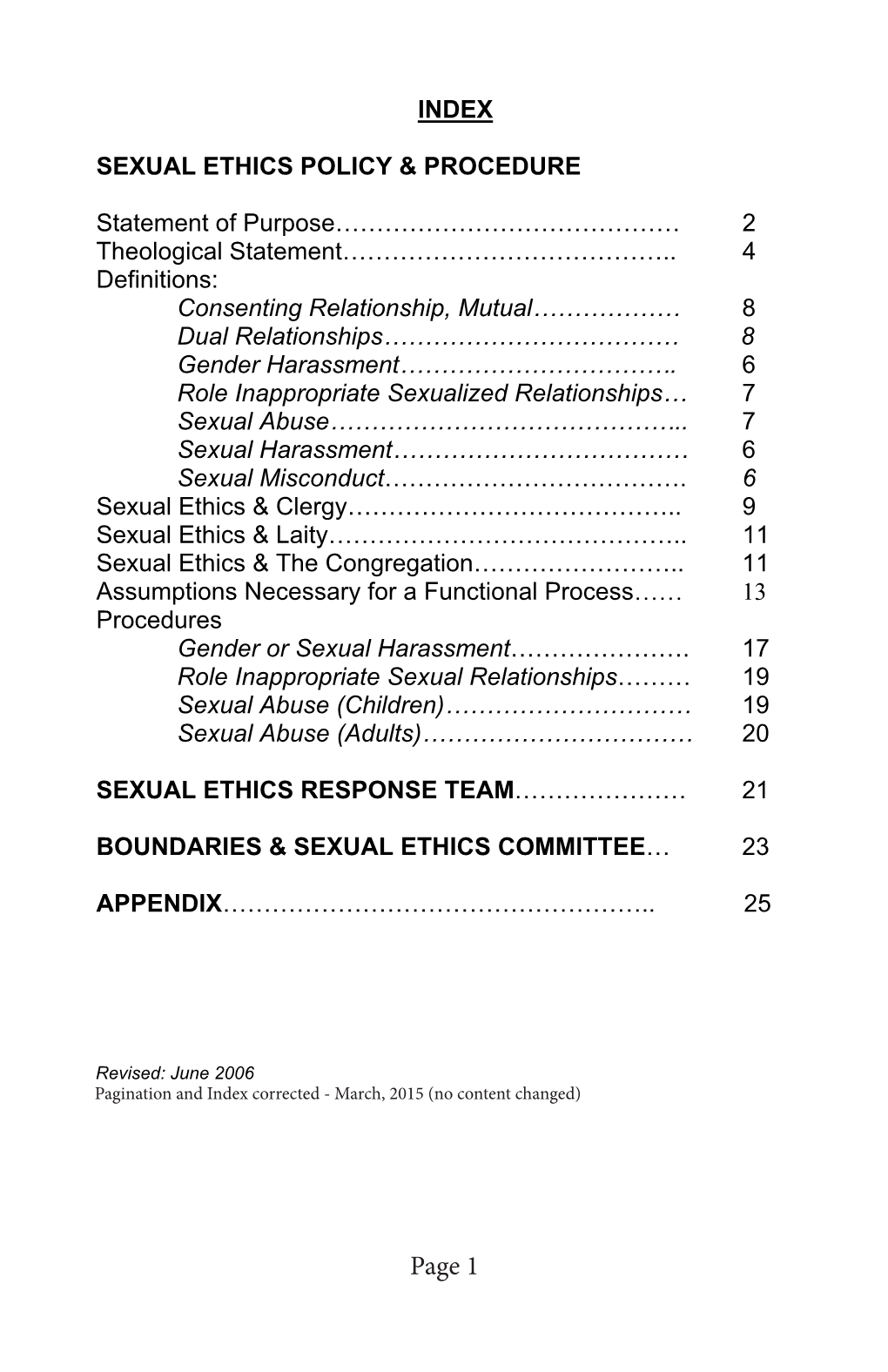 Sexual Ethics Policy & Procedures