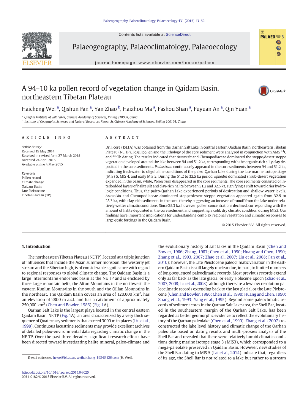 A 94–10Ka Pollen Record of Vegetation Change in Qaidam Basin