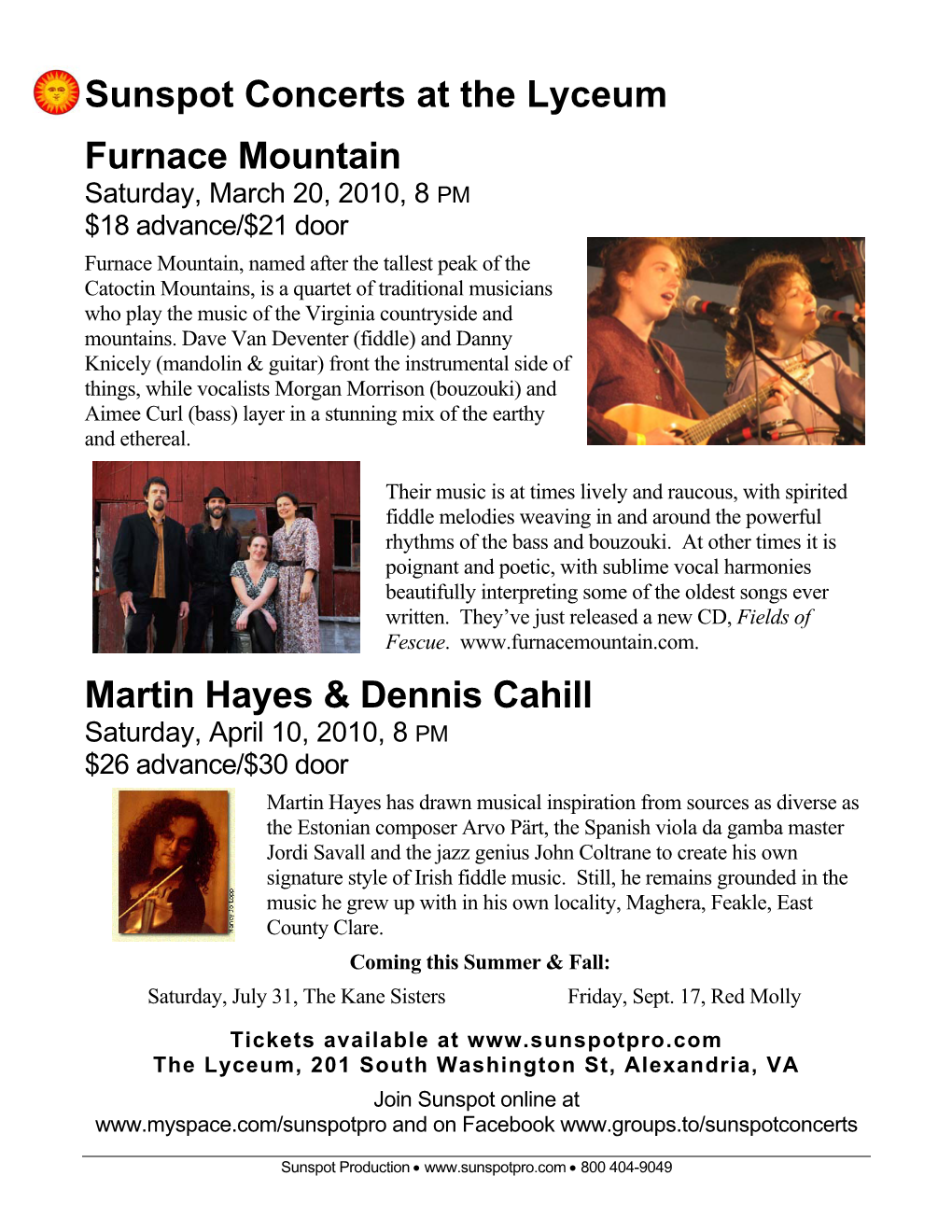 Sunspot Concerts at the Lyceum Furnace Mountain Martin Hayes