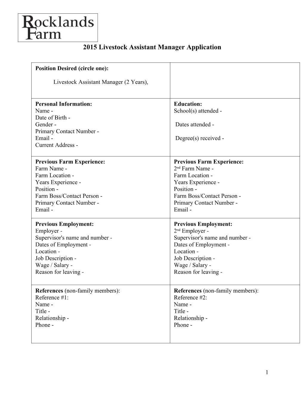 2015 Livestock Assistant Manager Application