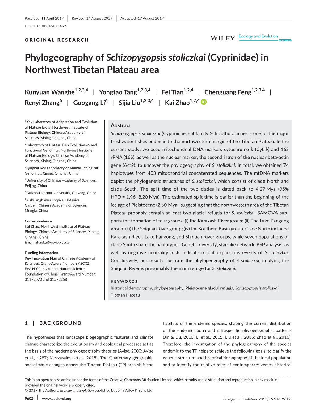Phylogeography of Schizopygopsis Stoliczkai (Cyprinidae) in Northwest Tibetan Plateau Area