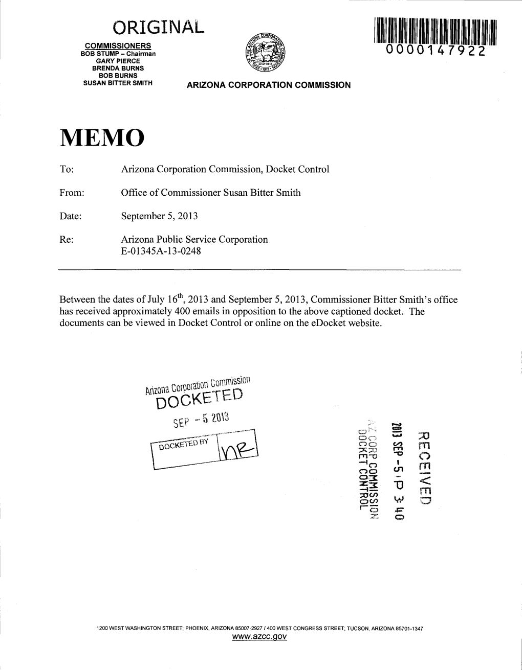 Arizona Corporation Commission, Docket Control From