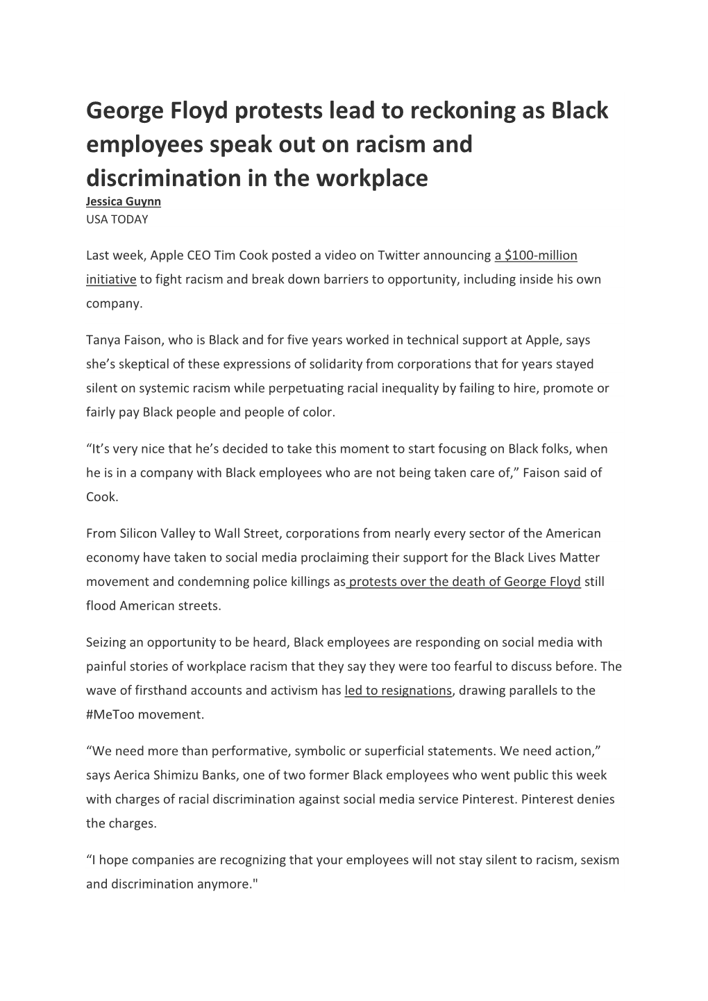 George Floyd Protests Lead to Reckoning As Black Employees Speak out on Racism and Discrimination in the Workplace Jessica Guynn USA TODAY