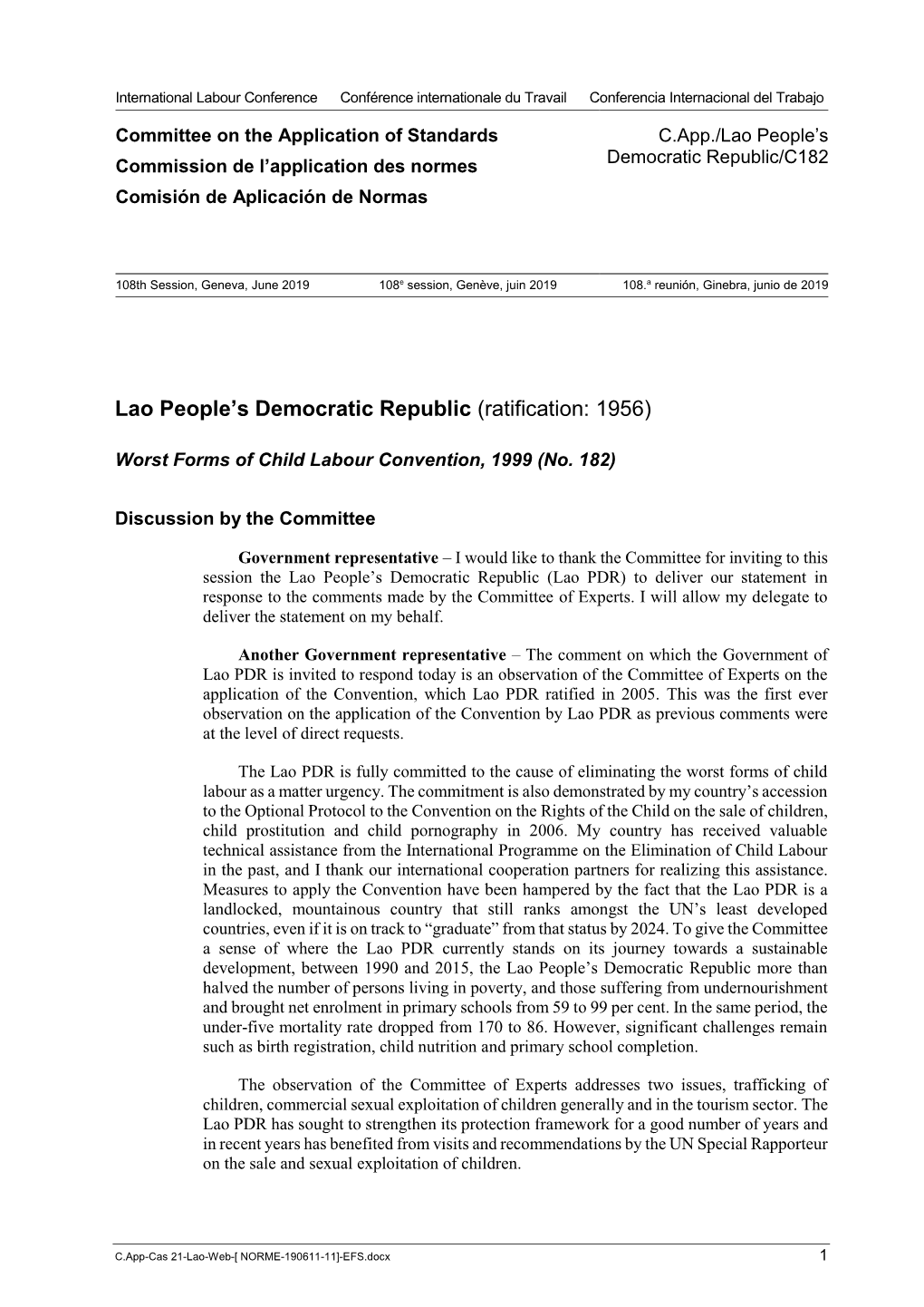 Lao People's Democratic Republic C.182