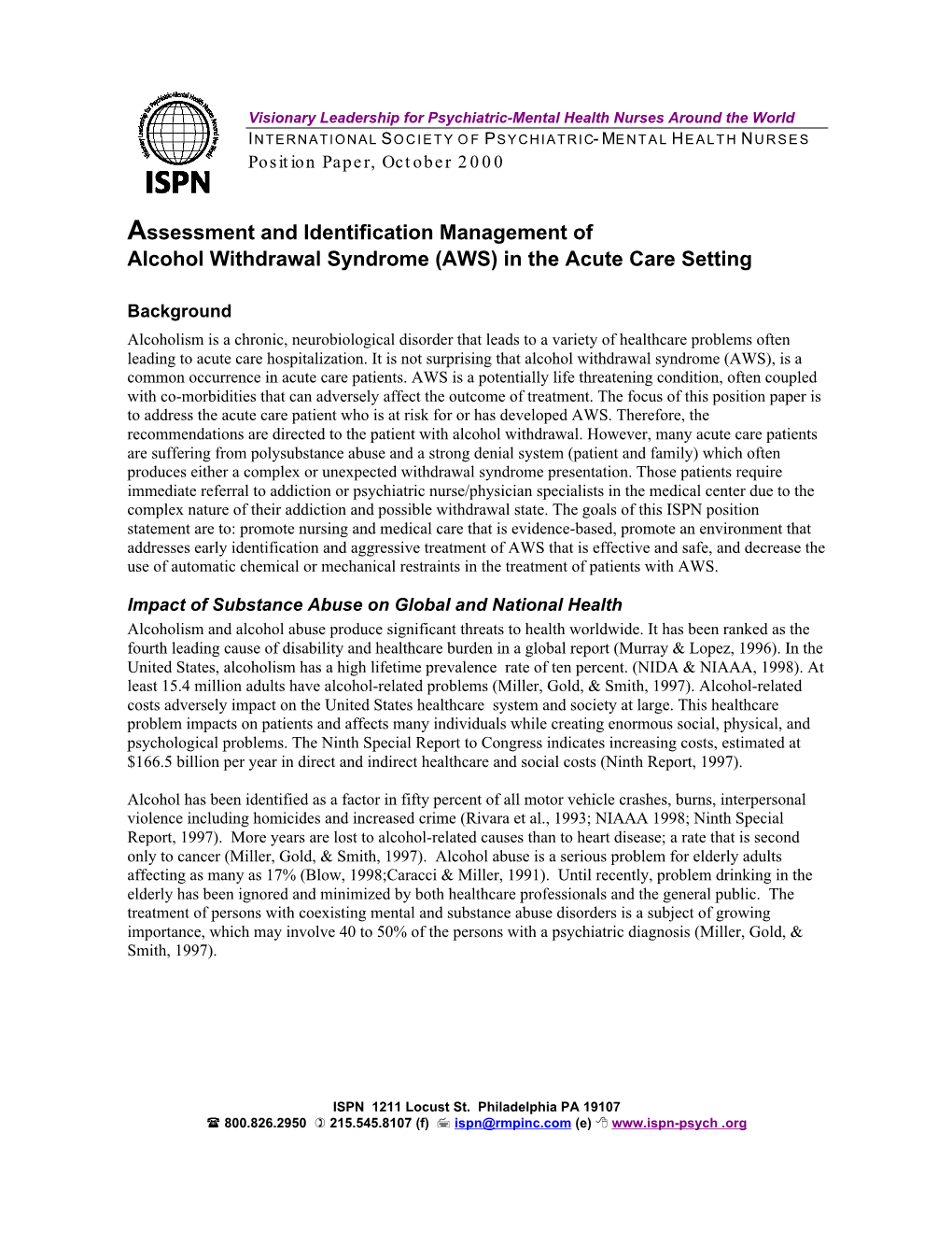 Alcohol Withdrawal Syndrome (AWS) in the Acute Care Setting