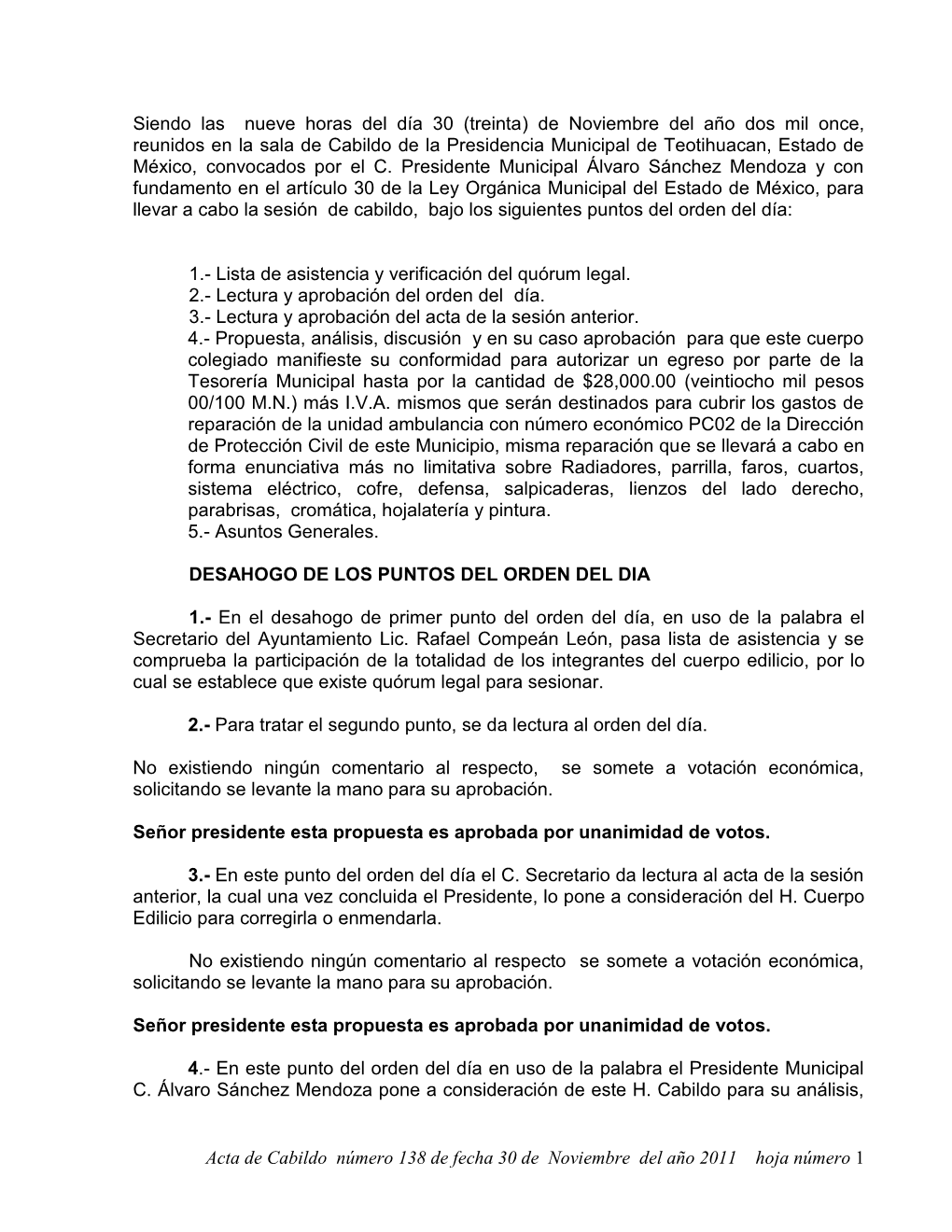 Acta De Cabildo Número 138 De Fecha 30 De Noviembre Del Año 2011 Hoja Número 1