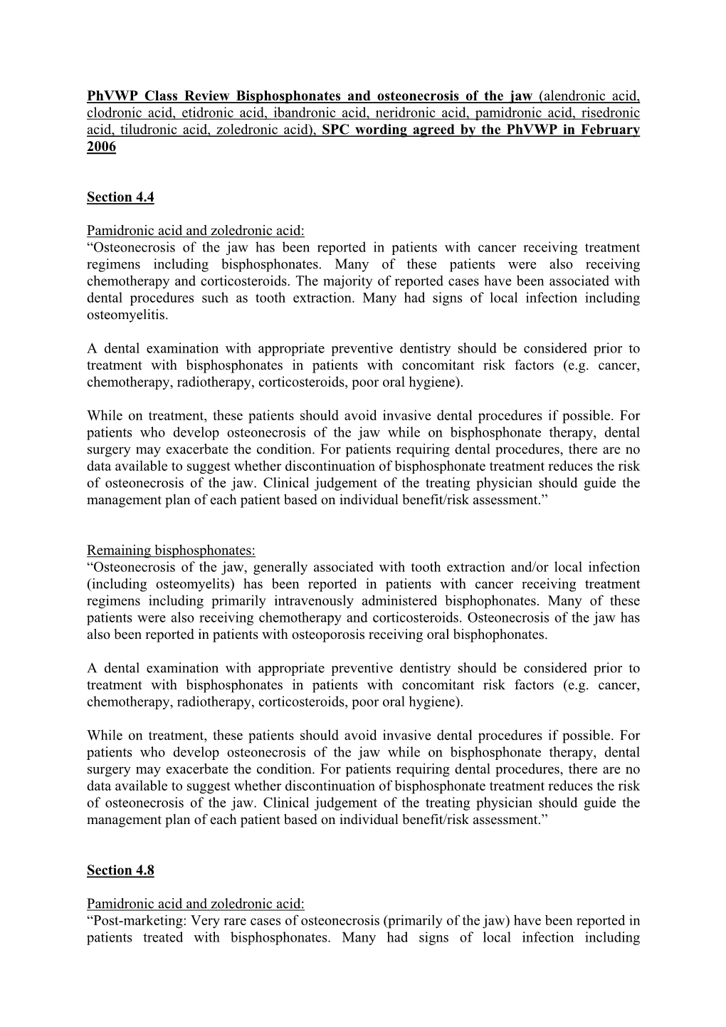 Phvwp Class Review Bisphosphonates and Osteonecrosis of the Jaw (Alendronic Acid, Clodronic Acid, Etidronic Acid, Ibandronic