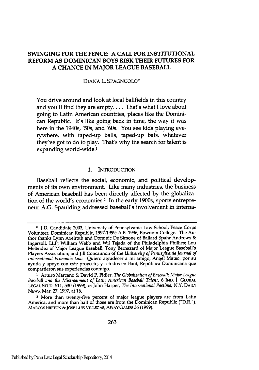 Swinging for the Fence: a Call for Institutional Reform As Dominican Boys Risk Their Futures for a Chance in Major League Baseball