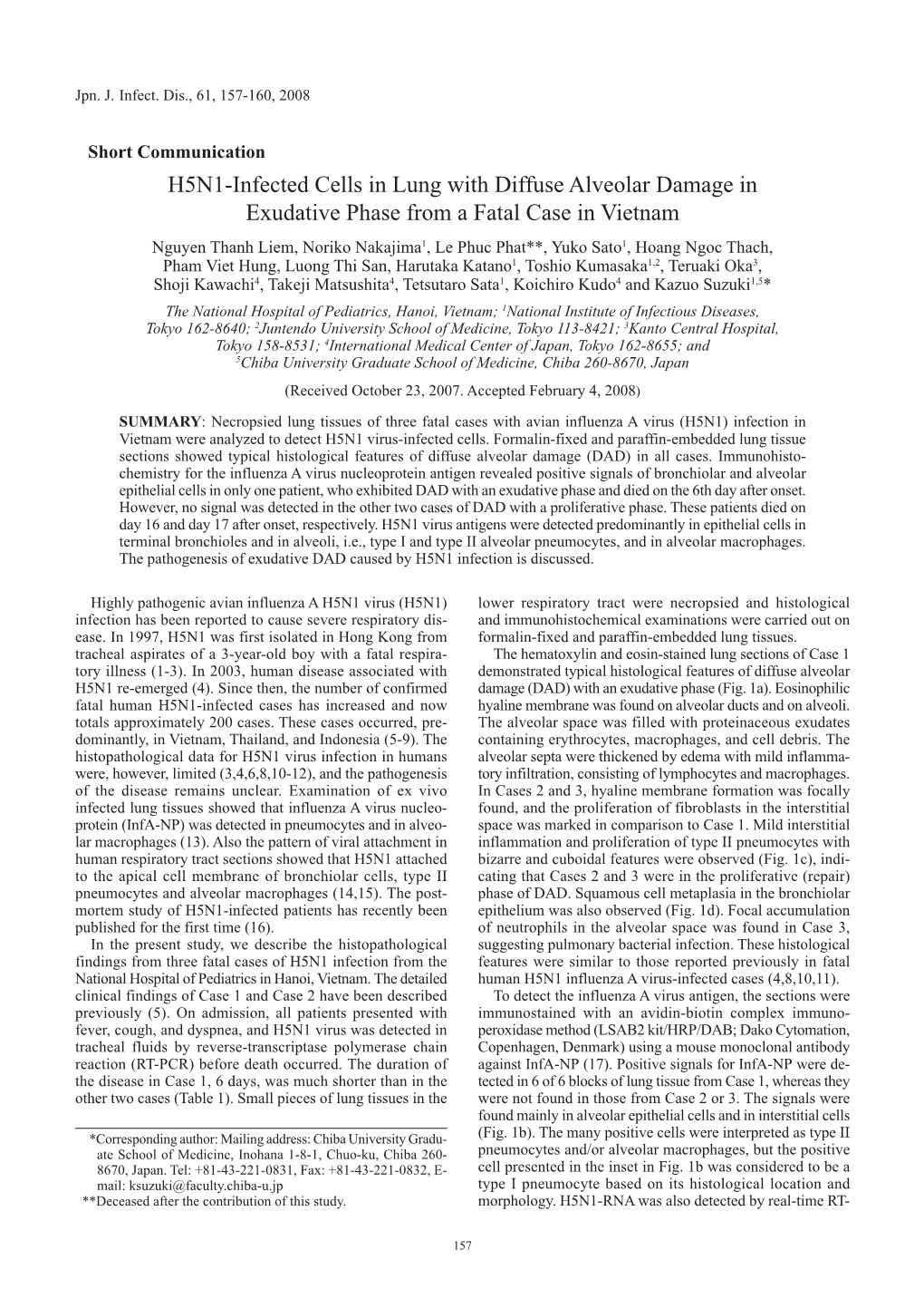 H5N1-Infected Cells in Lung with Diffuse Alveolar Damage in Exudative Phase from a Fatal Case in Vietnam