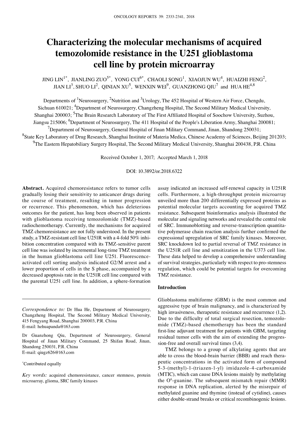 Characterizing the Molecular Mechanisms of Acquired Temozolomide Resistance in the U251 Glioblastoma Cell Line by Protein Microarray