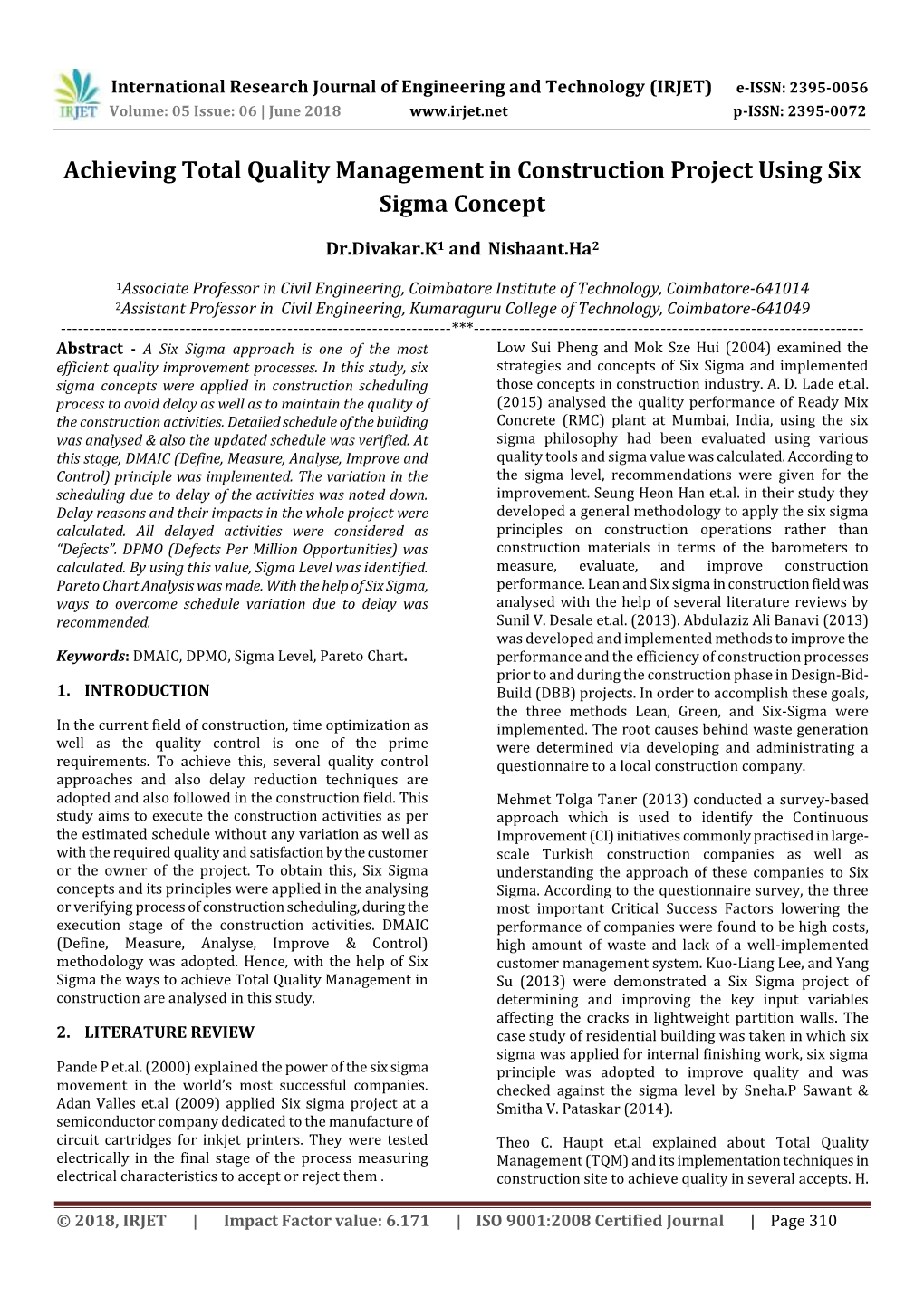 Achieving Total Quality Management in Construction Project Using Six Sigma Concept