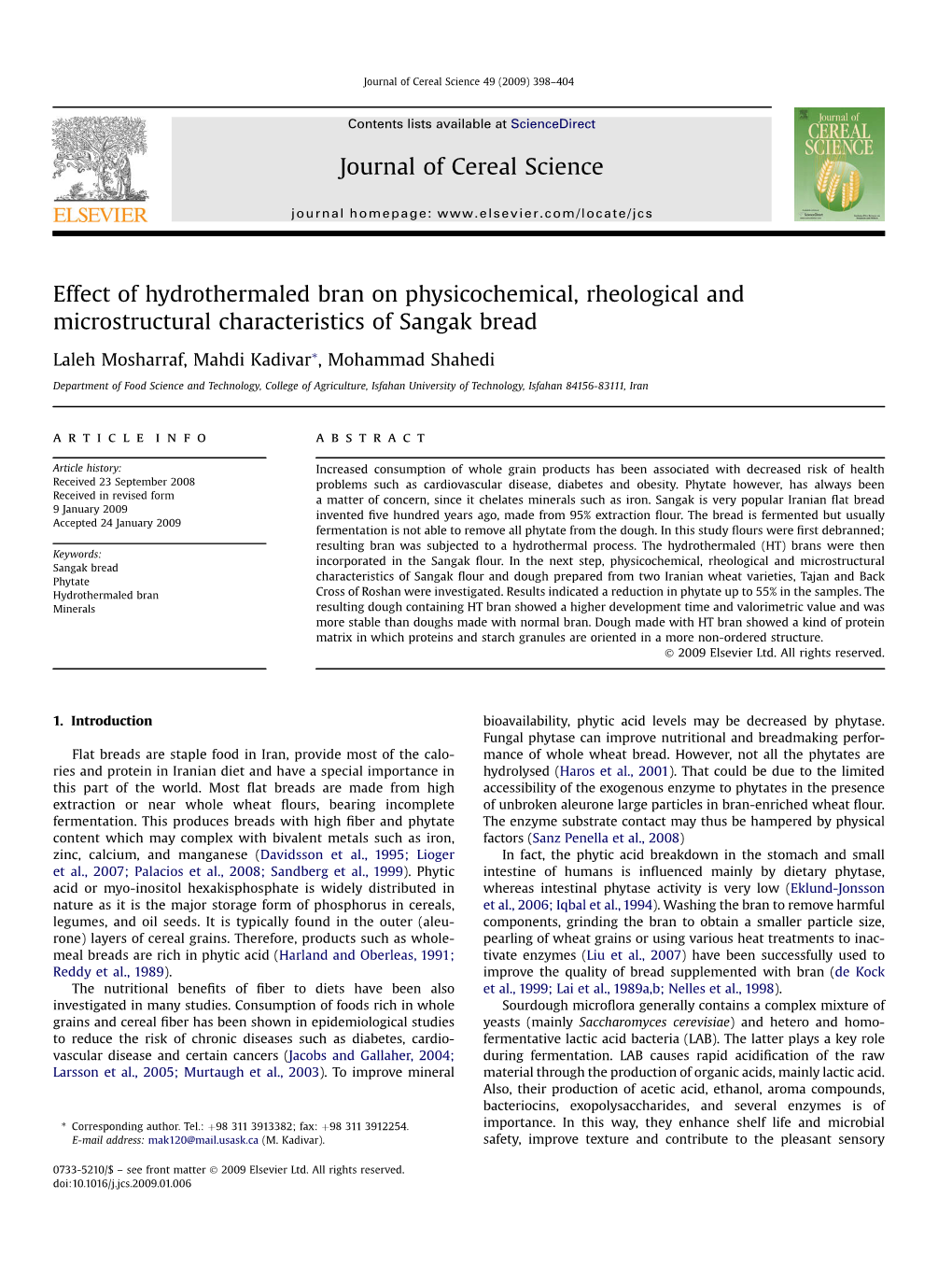 Effect of Hydrothermaled Bran on Physicochemical, Rheological and Microstructural Characteristics of Sangak Bread