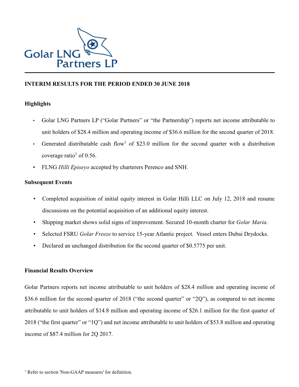 Interim Results for the Period Ended 30 June 2018