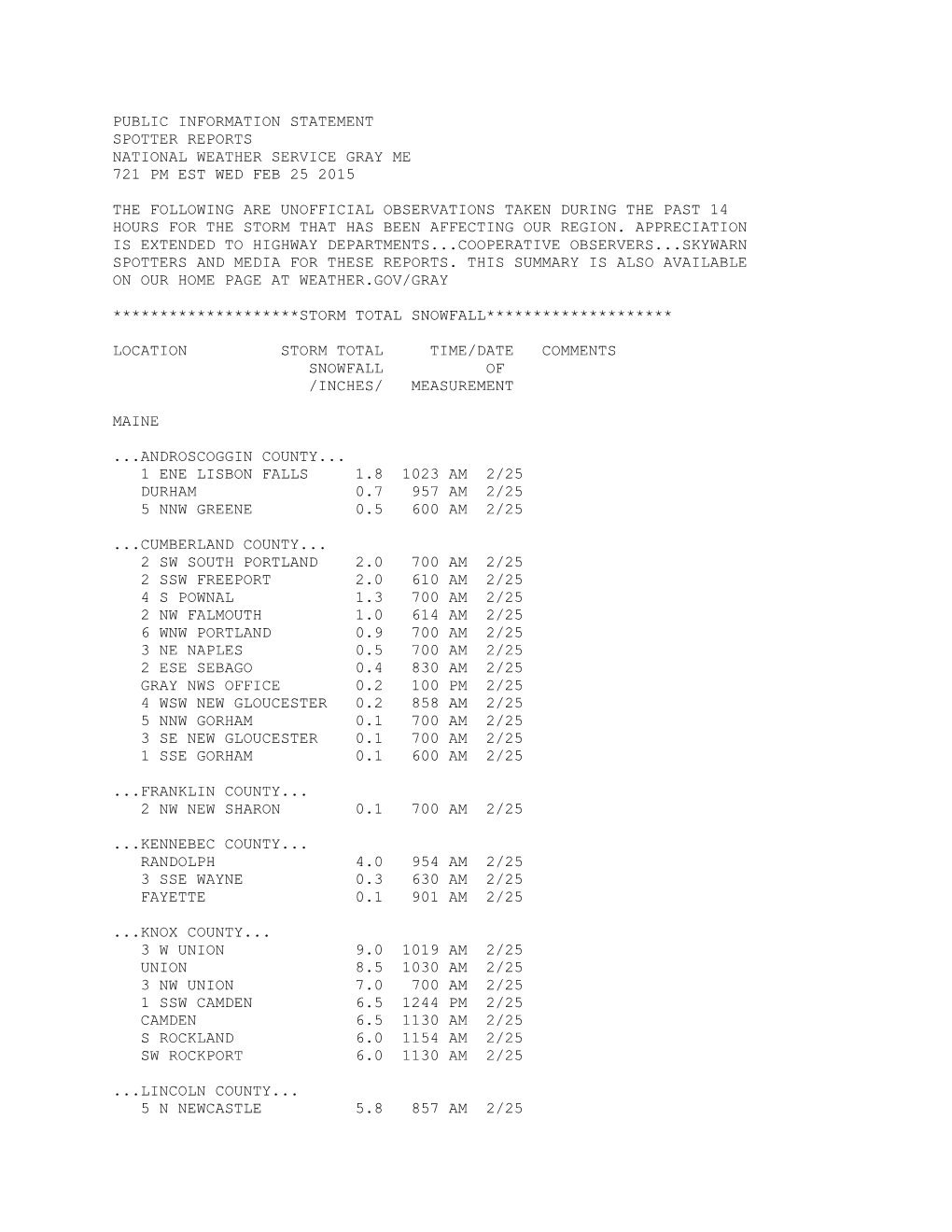 Public Information Statement Spotter Reports National Weather Service Gray Me 721 Pm Est Wed Feb 25 2015