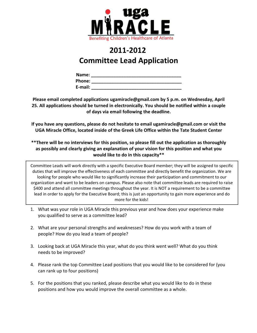 2011-2012 Committee Lead Application