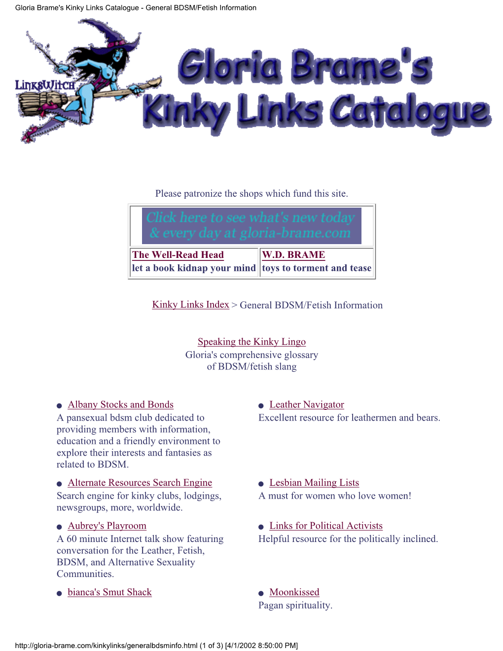 Gloria Brame's Kinky Links Catalogue - General BDSM/Fetish Information