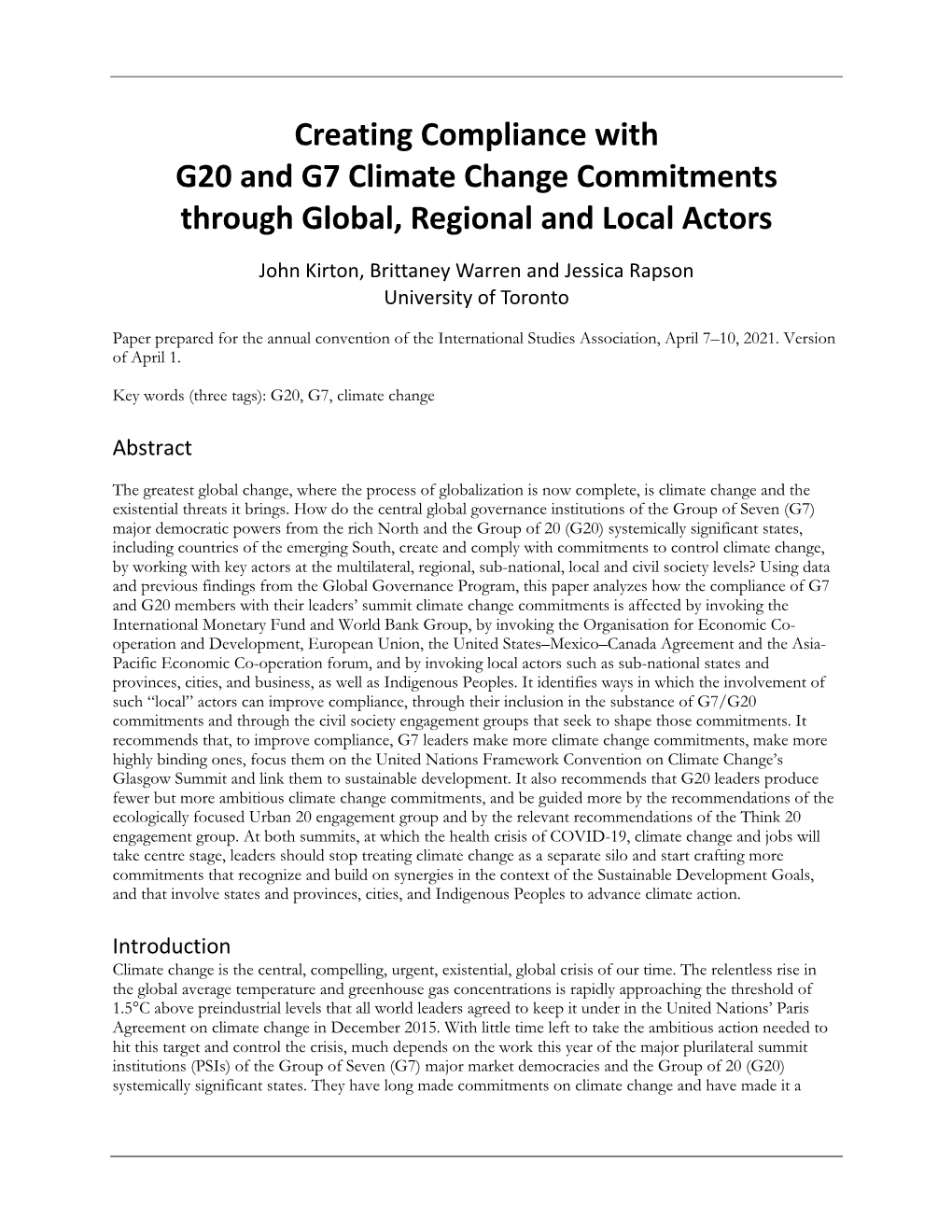 Creating Compliance with G20 and G7 Climate Change Commitments Through Global, Regional and Local Actors