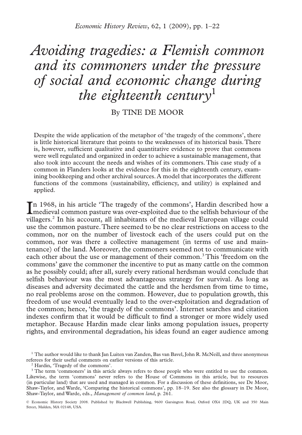 Avoiding Tragedies: a Flemish Common and Its Commoners Under the Pressure of Social and Economic Change During the Eighteenth Century1 by TINE DE MOOR