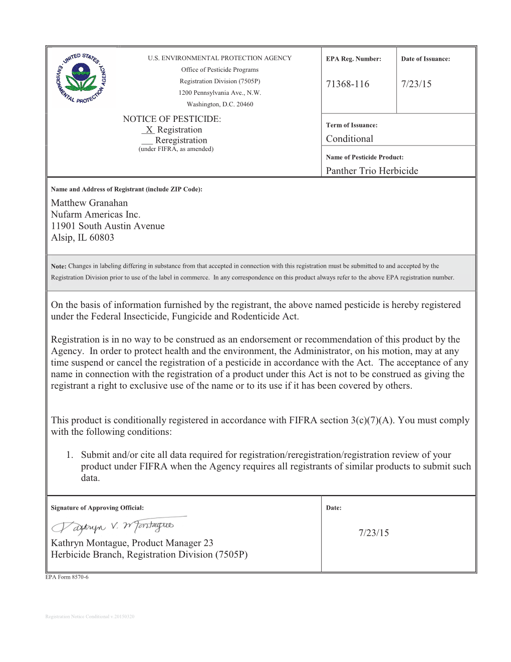 US EPA, Pesticide Product Label, Panther Trio Herbicide,07/23/2015