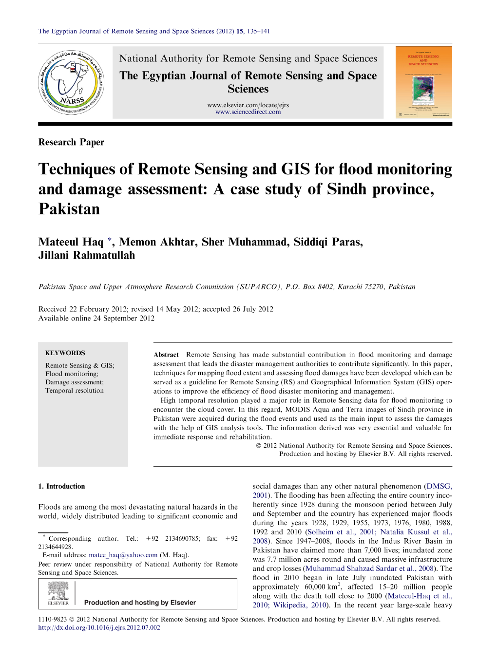 Techniques of Remote Sensing and GIS for Flood Monitoring and Damage Assessment: a Case Study of Sindh Province, Pakistan