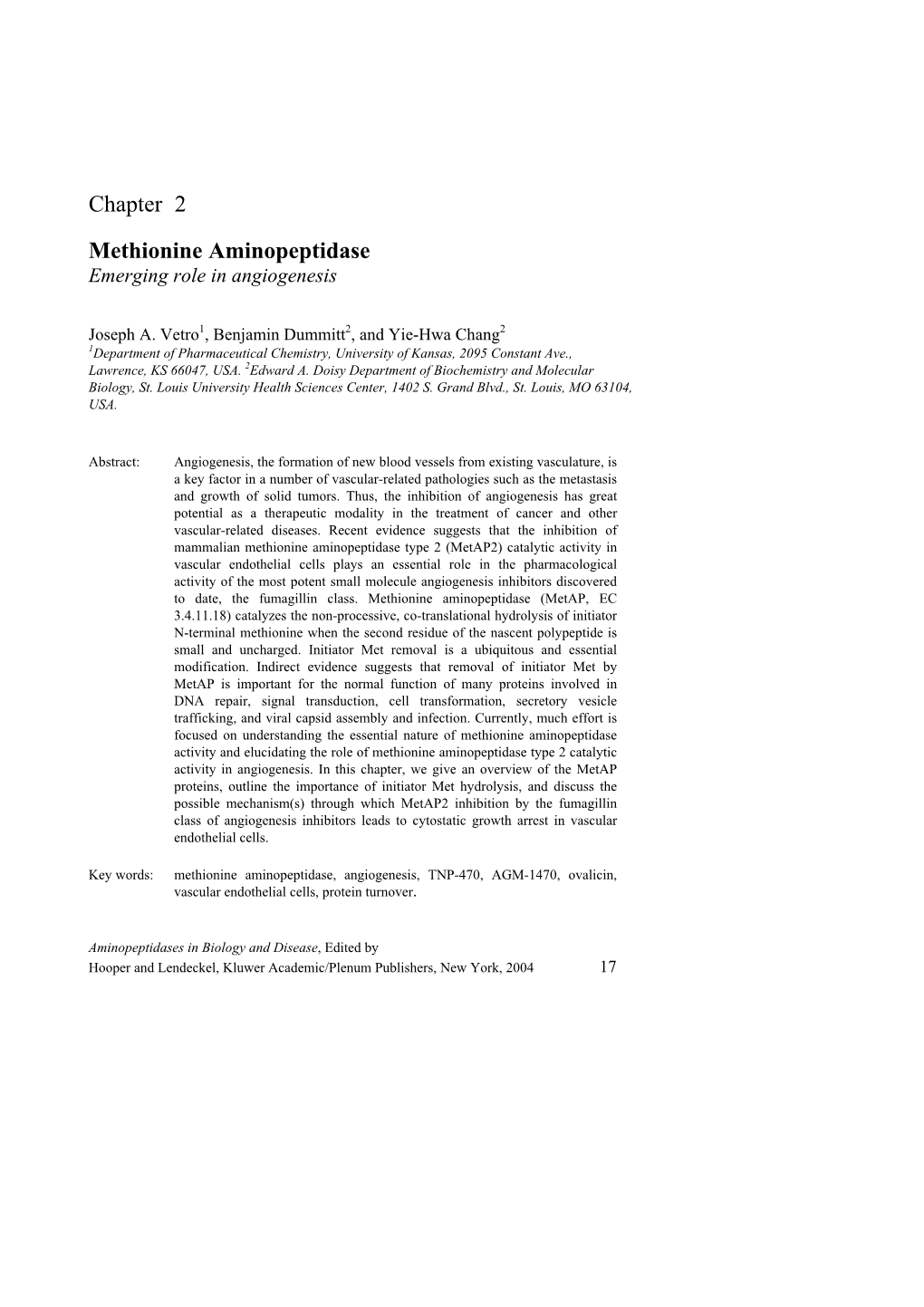 Methionine Aminopeptidase Emerging Role in Angiogenesis