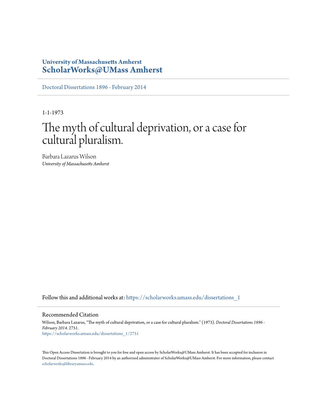 The Myth of Cultural Deprivation, Or a Case for Cultural Pluralism