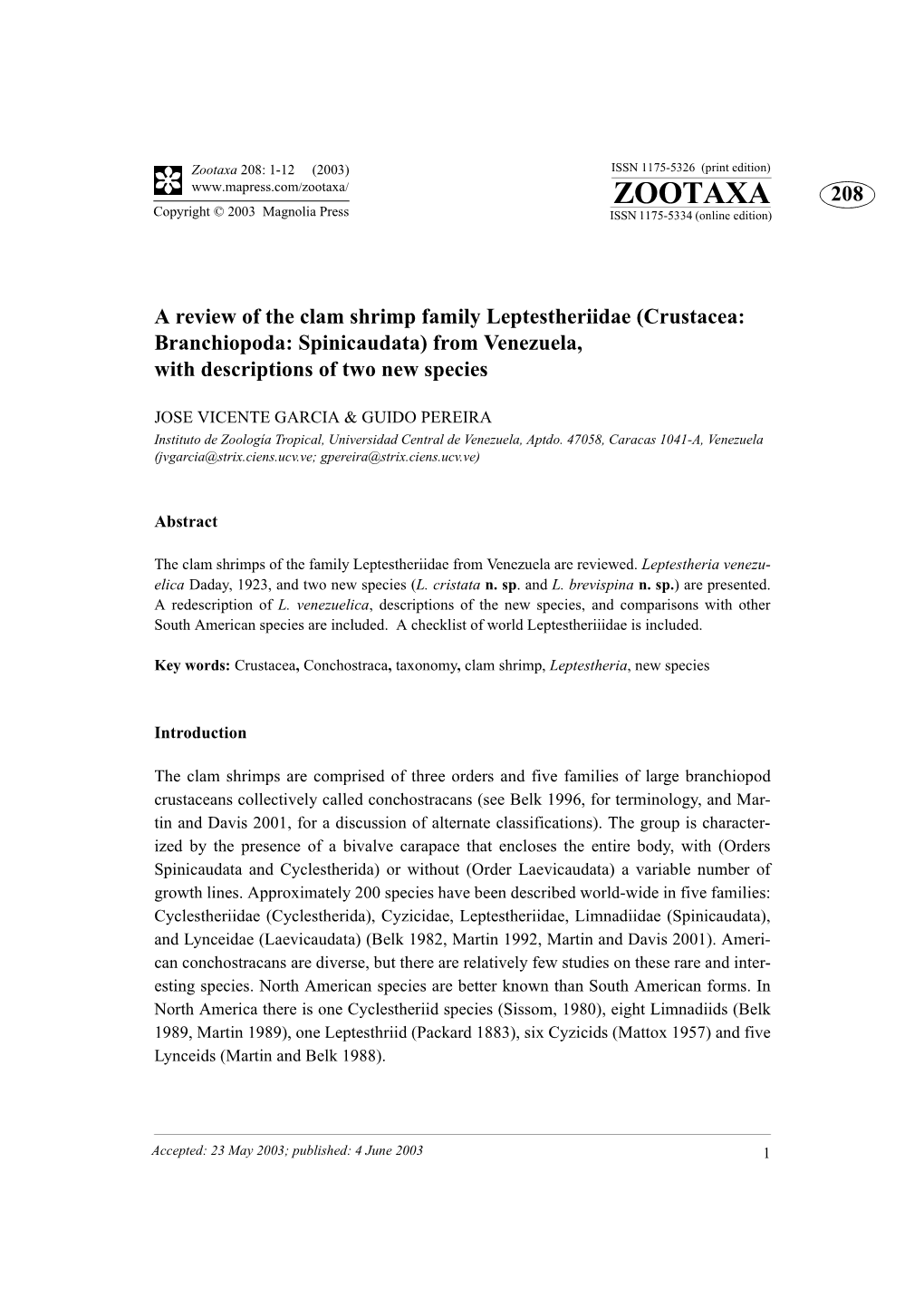 Zootaxa 208: 1-12 (2003) ISSN 1175-5326 (Print Edition) ZOOTAXA 208 Copyright © 2003 Magnolia Press ISSN 1175-5334 (Online Edition)