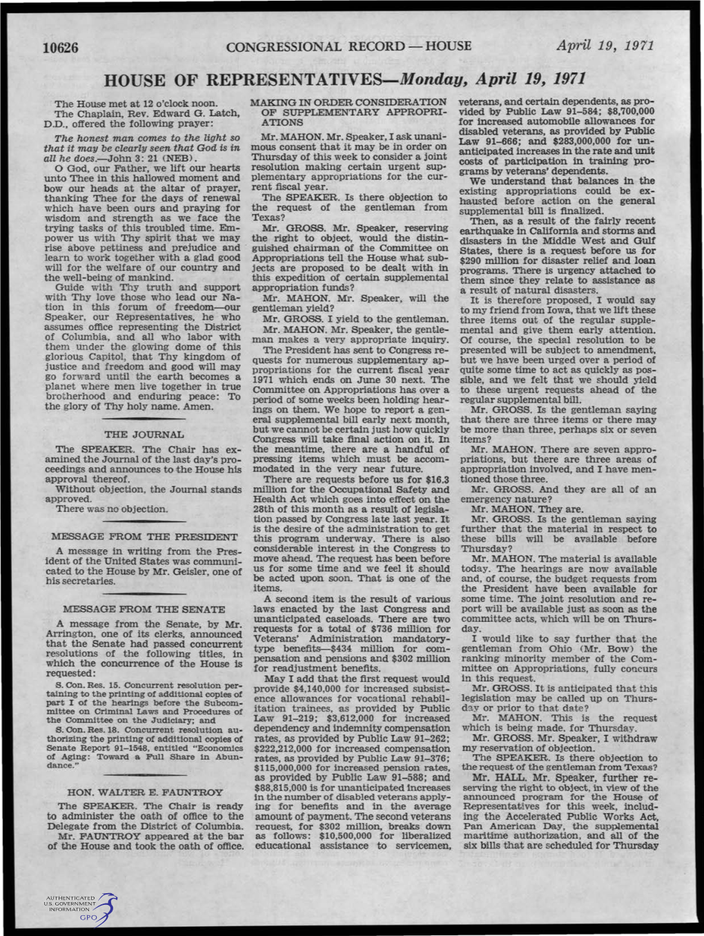 HOUSE of REPRESENTATIVES-Monday, April 19, 1971