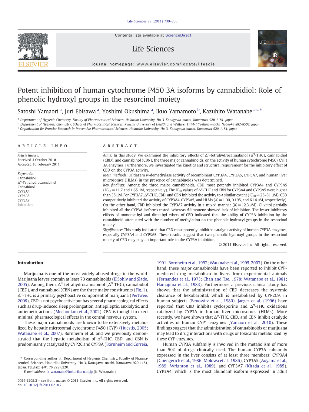 Potent Inhibition of Human Cytochrome P450 3A Isoforms by Cannabidiol: Role of Phenolic Hydroxyl Groups in the Resorcinol Moiety