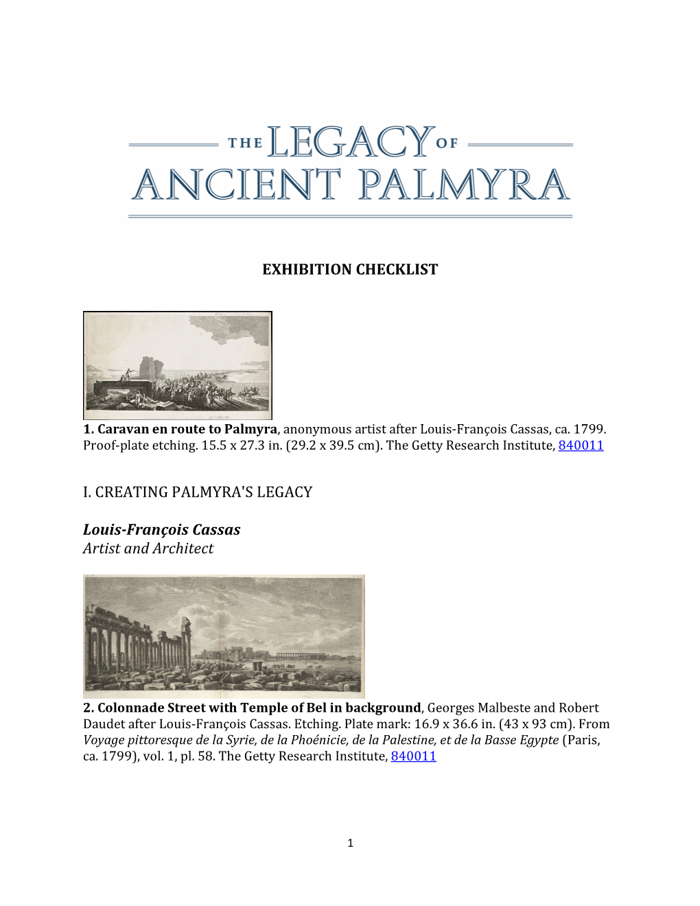 Exhibition Checklist I. Creating Palmyra's Legacy