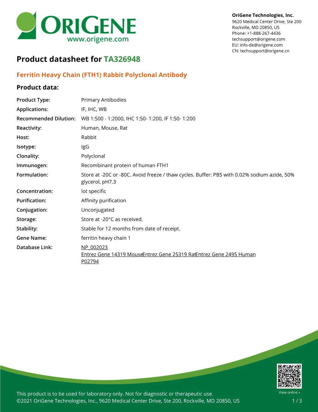 Ferritin Heavy Chain (FTH1) Rabbit Polyclonal Antibody Product Data